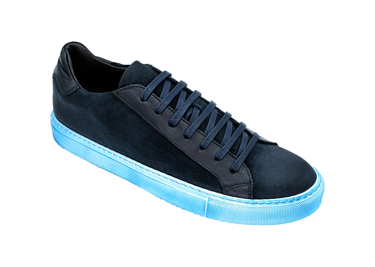 The GIOVACCHINI Rino Antique Blue Suede Calf Sneakers are designed with a sleek black exterior complemented by a blue sole and black laces, featuring a low-top silhouette and expertly crafted in Italy, all showcased against a white background.