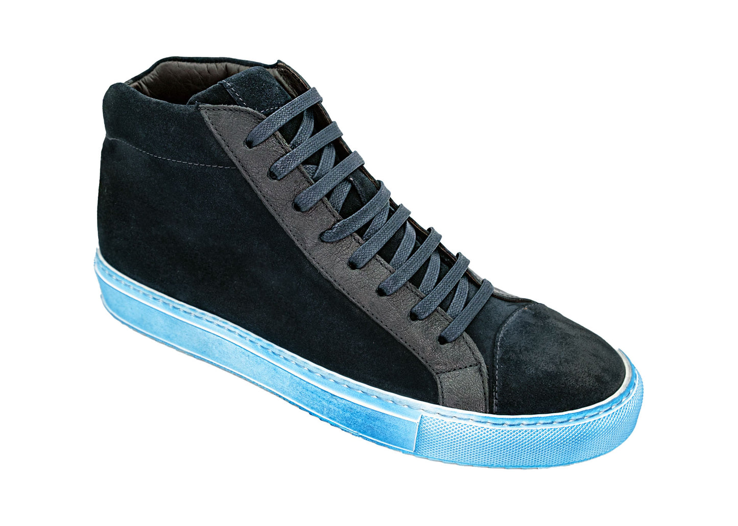 Introducing the GIOVACCHINI Ruben Antique Blue Suede Calf High Top Sneakers, showcasing a sleek black design complemented by a vibrant blue sole and laces, meticulously crafted in Italy for precision and style.