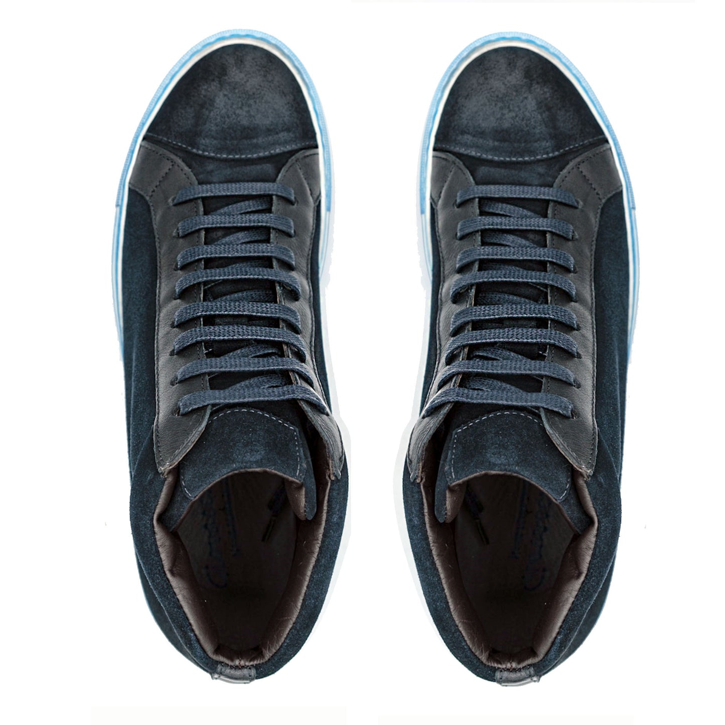 Introducing the GIOVACCHINI Ruben Antique Blue Suede Calf High Top Sneakers, showcasing a sleek black design complemented by a vibrant blue sole and laces, meticulously crafted in Italy for precision and style.