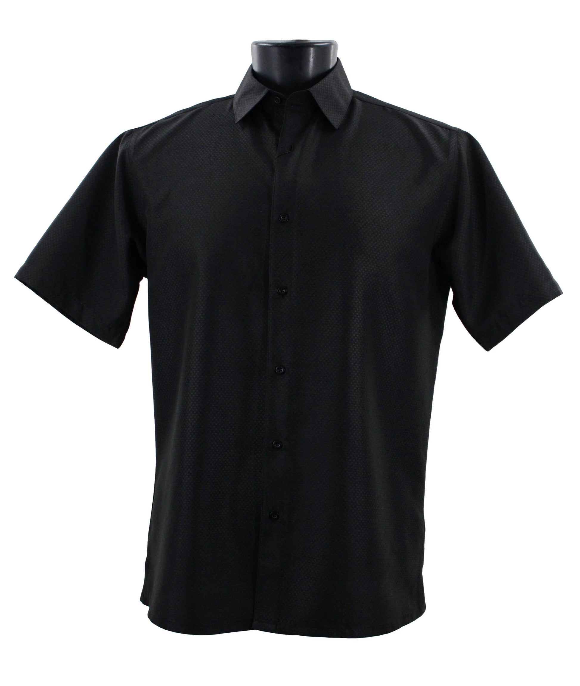 Sangi's Sangi Short Sleeve Shirt S 2026 in black is showcased on a display stand, highlighting its subtle textured pattern.