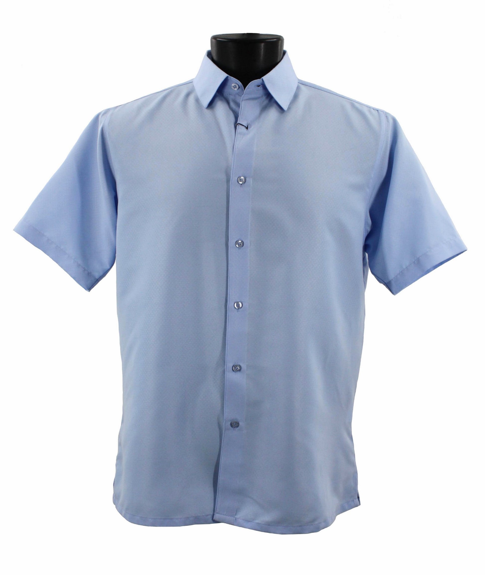 Sangi's S 2026 Blue short sleeve shirt in a modern fit is showcased on a mannequin against a white background.