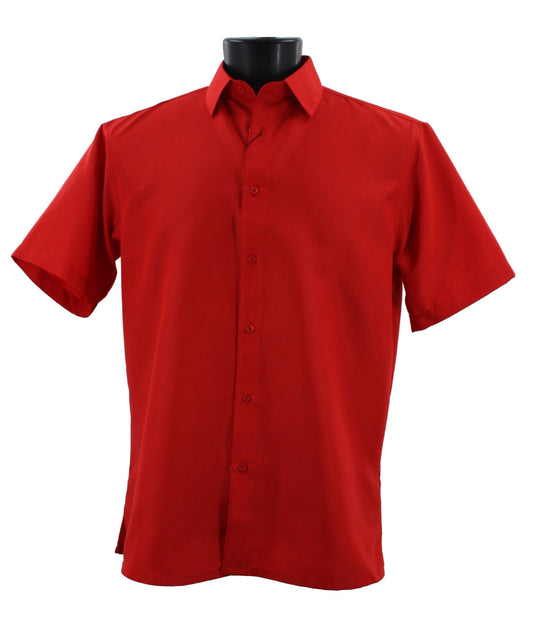 The Sangi Short Sleeve Shirt S 2026 Red, a modern-fit red button-up, is elegantly displayed on a black mannequin, exemplifying the latest in fashion trends.