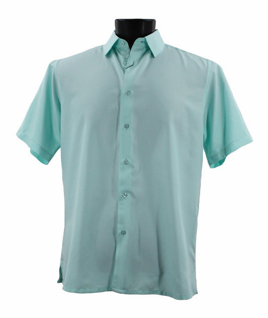 The Sangi Short Sleeve Shirt S 2026 in Sea Green is elegantly displayed on the black mannequin torso, highlighting its sleek design, modern fit, and stylish collar with front buttons.