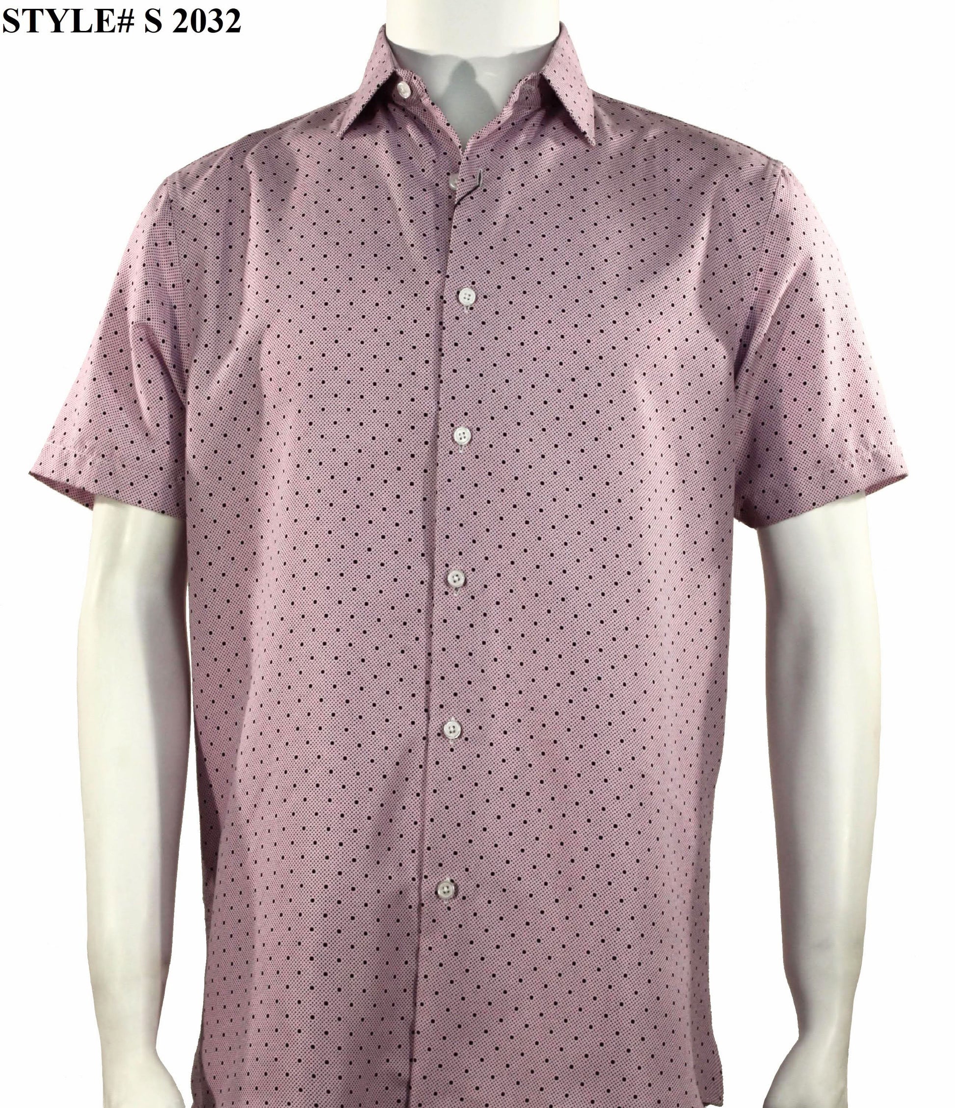 A Sangi Short Sleeve Shirt, in pink with a subtle black dot pattern, is displayed on a mannequin to highlight its contemporary fashion appeal. The style number S 2032 is noted in the top left corner.