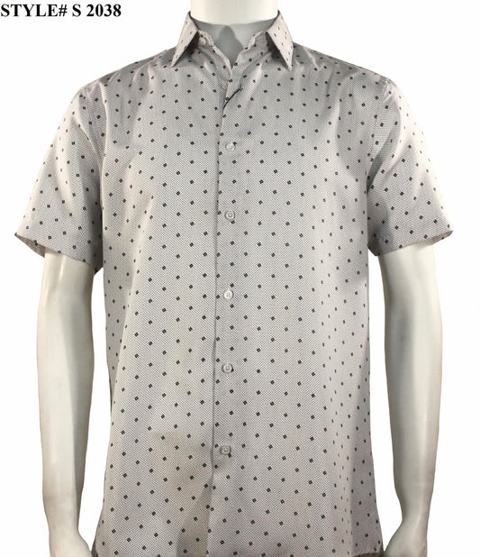 A mannequin features the Sangi Short Sleeve Shirt S 2038, which boasts a subtle dotted pattern for a contemporary style. The Modern Fit design enhances its appeal, and the style number is displayed in the top left corner.