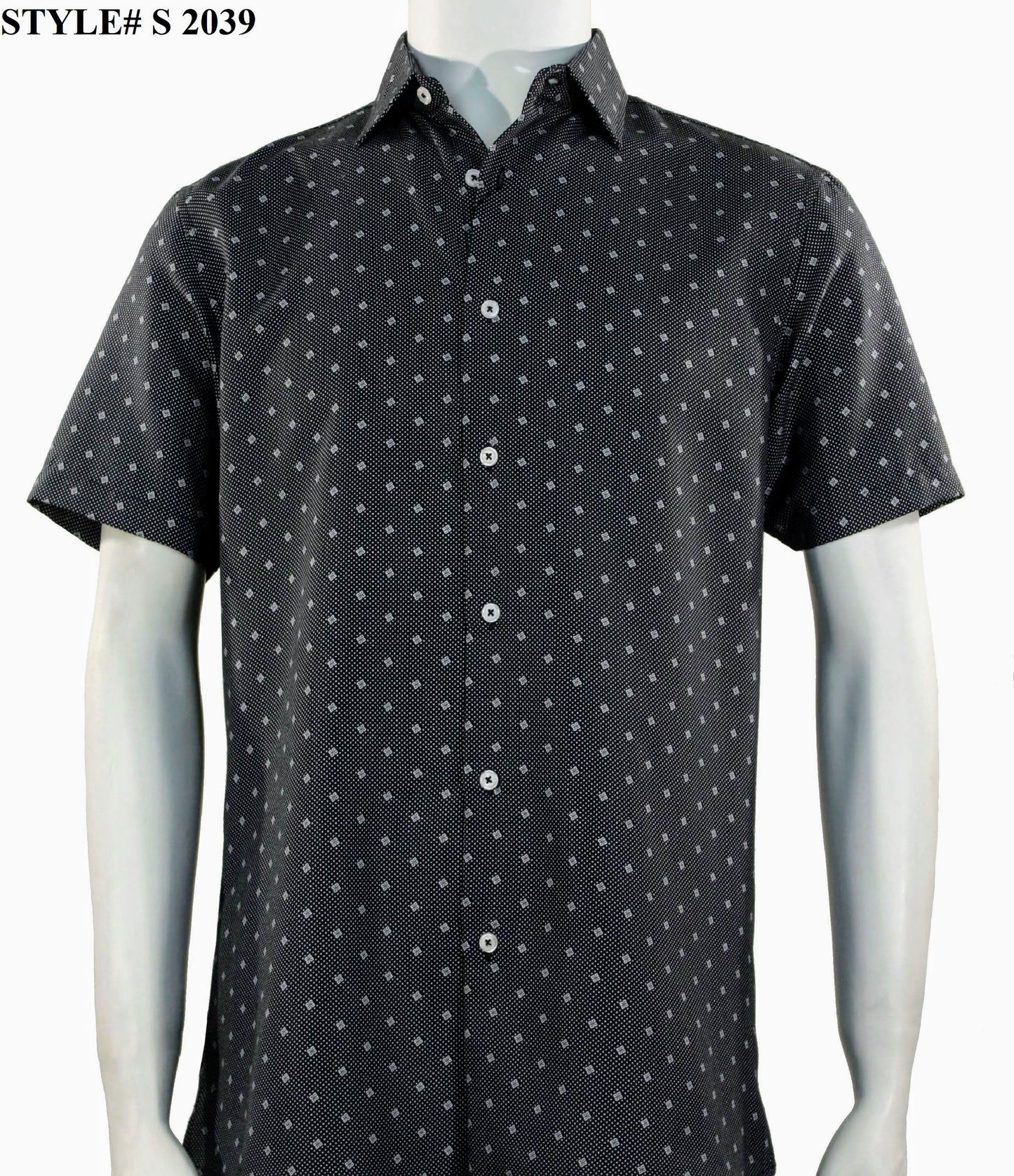 A mannequin is dressed in the Sangi Short Sleeve Shirt, style number S 2039, which features a modern fit black short-sleeve button-up design embellished with small white geometric patterns. The shirt is displayed in the top left corner.