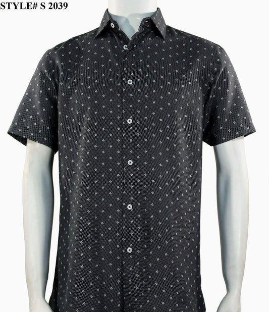 A mannequin is dressed in the Sangi Short Sleeve Shirt, style number S 2039, which features a modern fit black short-sleeve button-up design embellished with small white geometric patterns. The shirt is displayed in the top left corner.