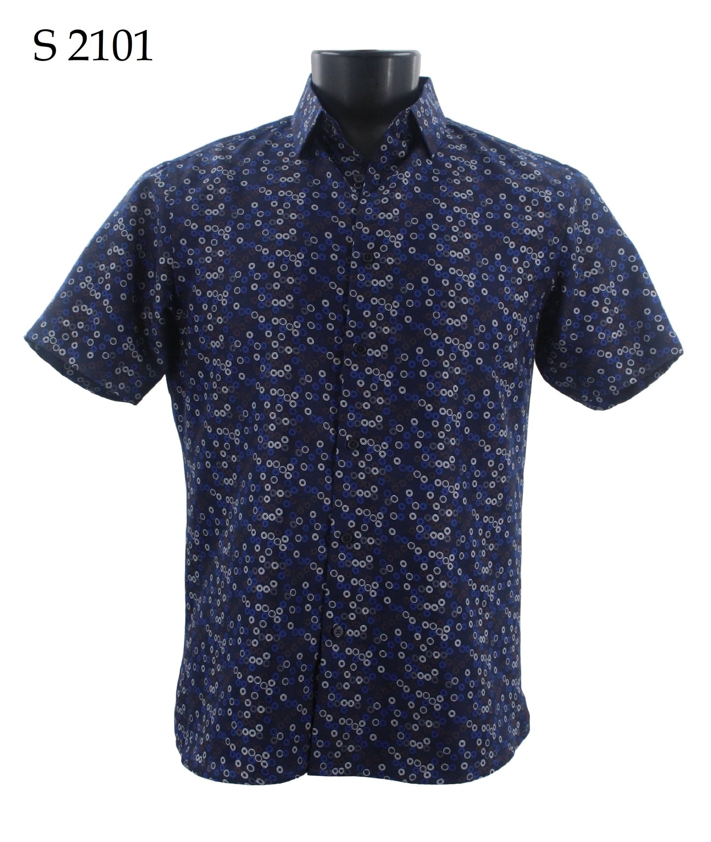 Displayed on a black mannequin, the Sangi Short Sleeve Shirt S 2101 by Sangi features a modern fit and a stylish small white and light blue circular pattern on its blue fabric. It’s an ideal choice for individuals who value timeless fashion in their wardrobe.