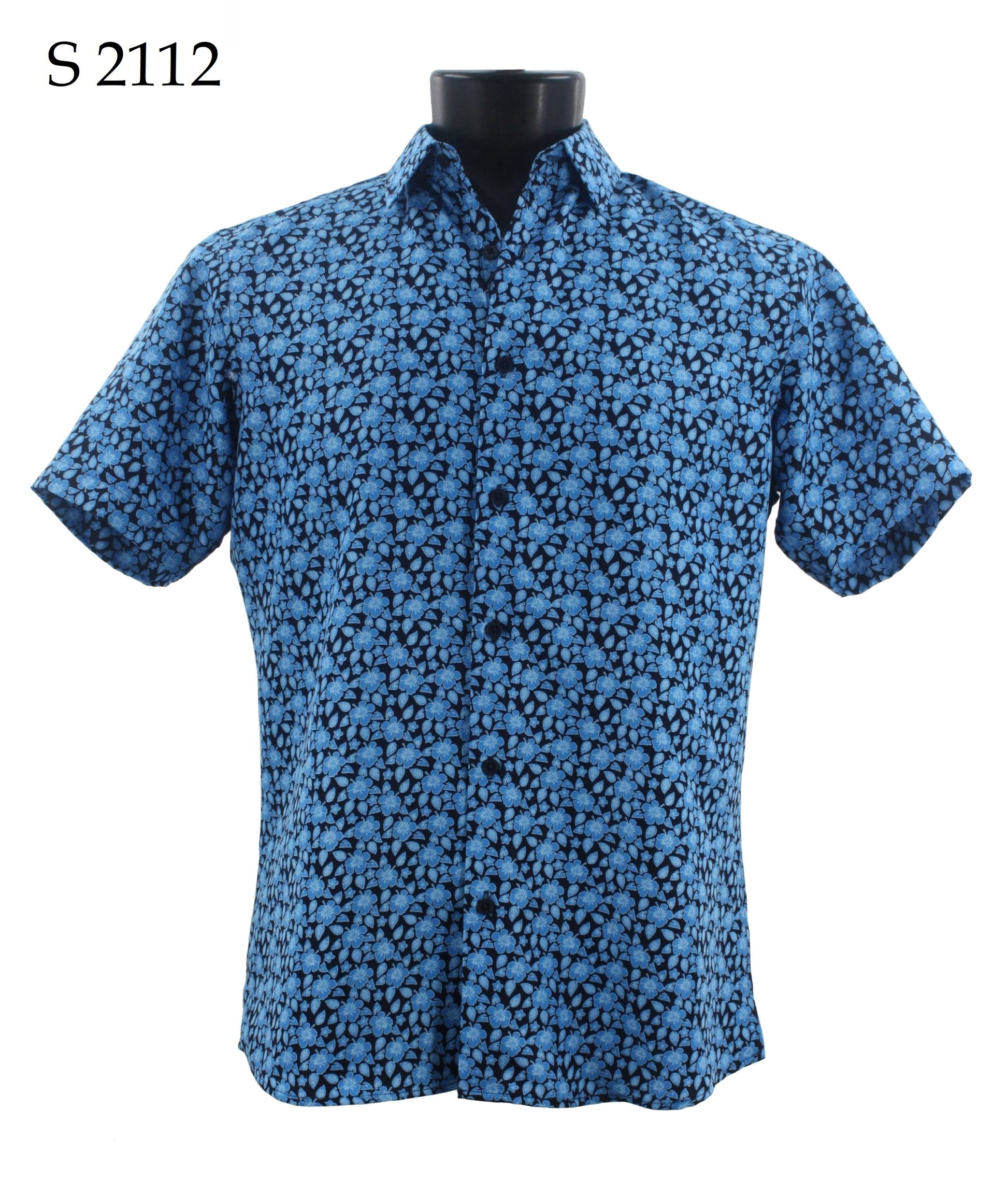 A Sangi Short Sleeve Shirt in a modern fit is showcased on a mannequin, featuring a stylish blue background with a black floral design. The text "S 2112" is elegantly positioned in the top left corner.