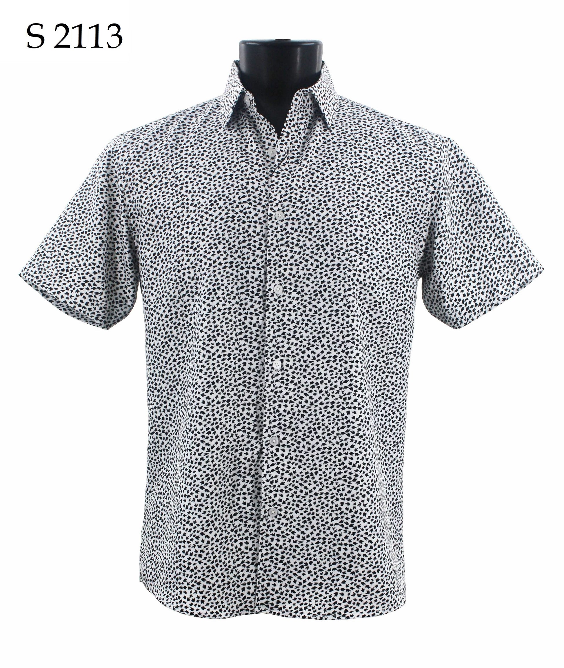 The Sangi Short Sleeve Shirt S 2113, a modern fit, black and white polka dot button-up shirt, is displayed on a mannequin.