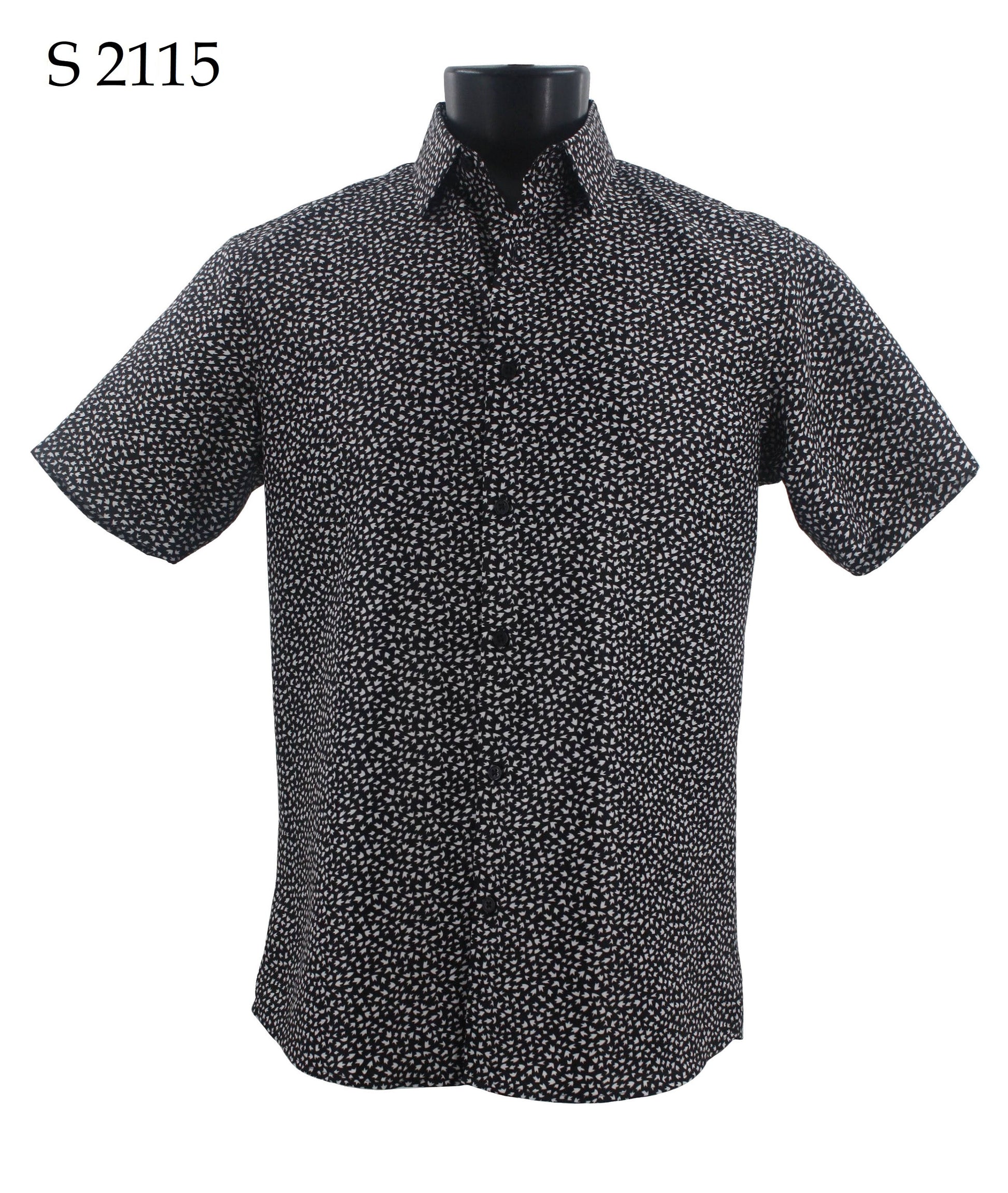 The Sangi Short Sleeve Shirt, identified as "S 2115," is a modern fit black shirt with white polka dots, showcased gracefully on a mannequin. This product description uses SEO keywords to maximize visibility and appeal.