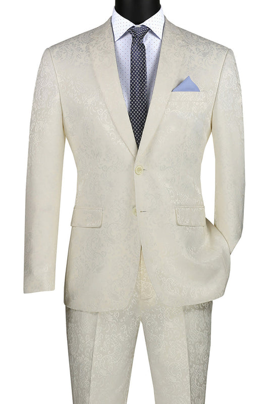 Introducing the Vinci Suits Slim Fit 2 Piece Single Breasted Suit in Ivory (S2F-1), designed with a subtle floral pattern that effortlessly pairs with a polka dot shirt, black tie, and light blue pocket square for an elegant look. This wrinkle-resistant suit ensures you remain sharp and stylish throughout the day.