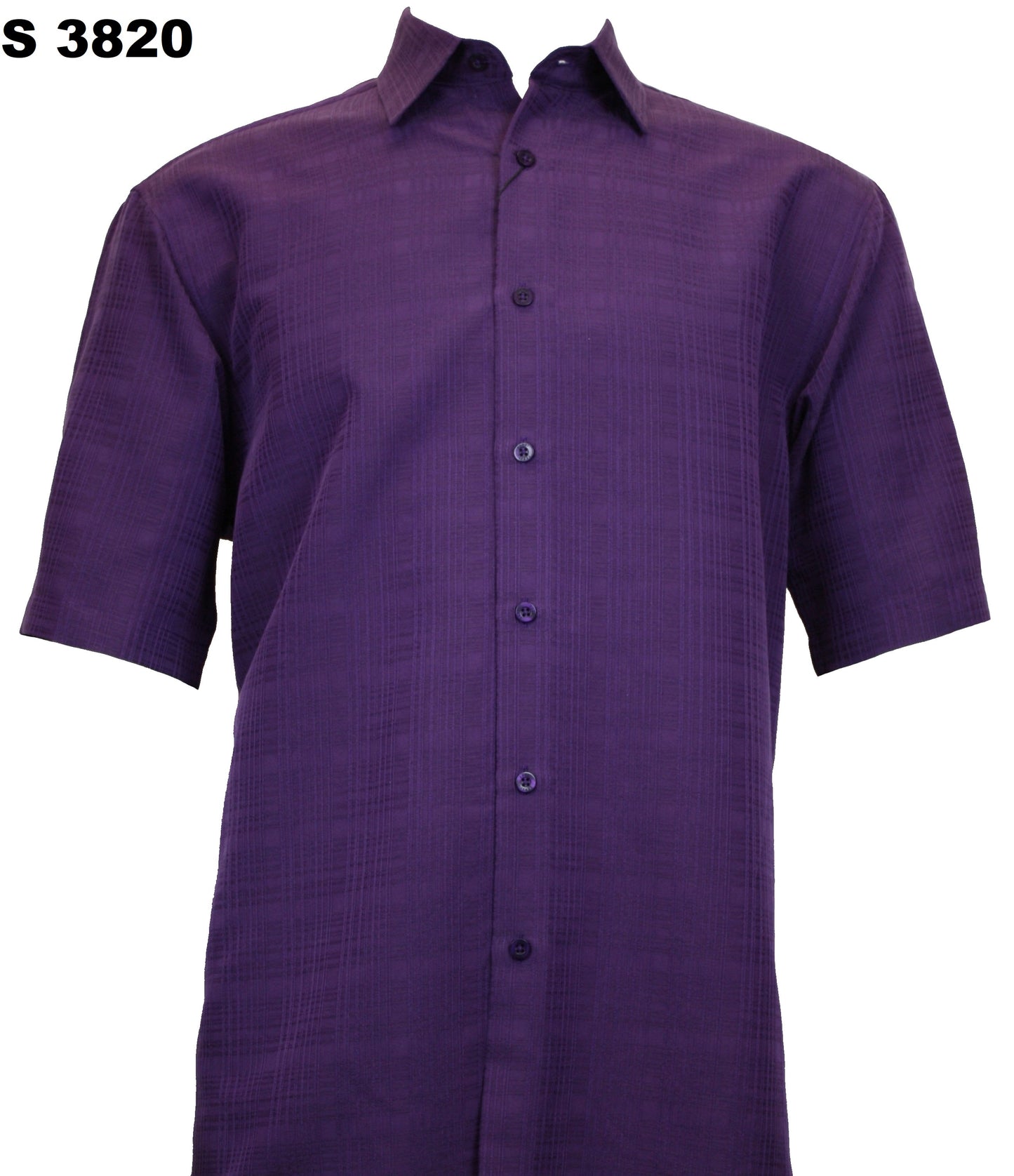 Discover the Sangi Short Sleeve Shirt S 3820, a purple textured button-up crafted from a comfortable modal blend. It features a size label "S 3820" in the top left corner and is tailored in a regular fit for effortlessly stylish wear.