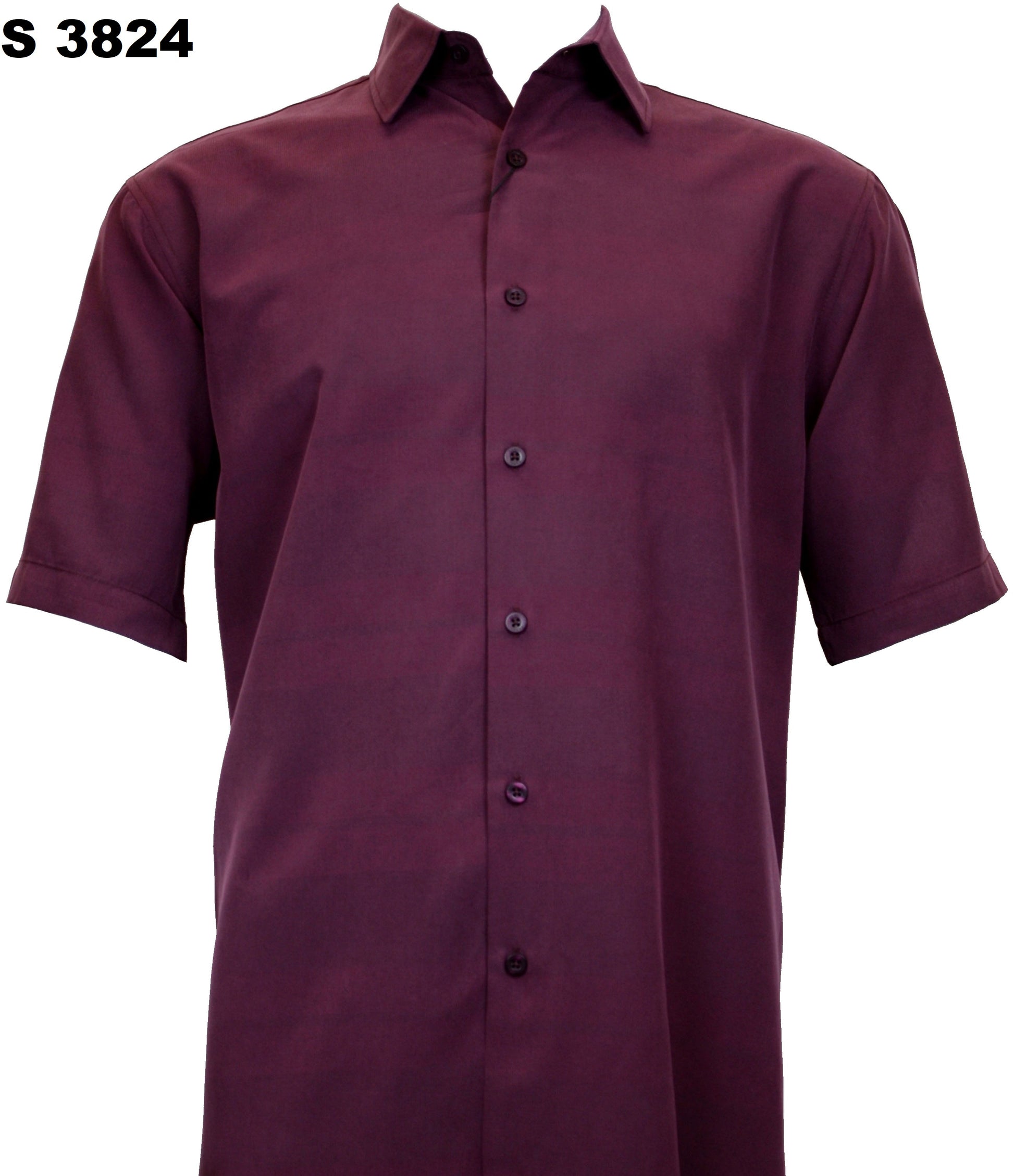 Introducing the Sangi Short Sleeve Shirt S 3824, a regular fit, button-up maroon shirt crafted with a luxurious modal blend, shown against a white background.