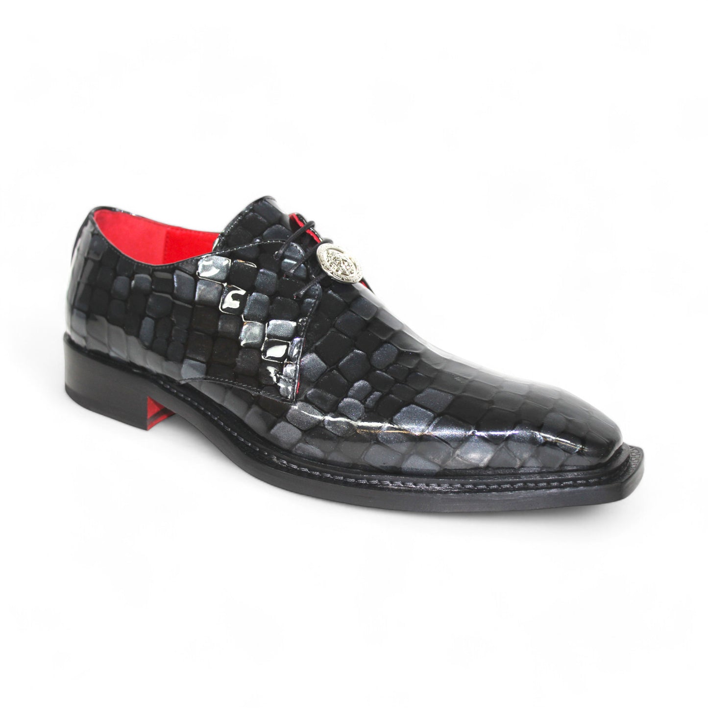 The Emilio Franco Couture "Santo" Black Combo Shoes are crafted in Italy with a black and gray checkered patent Croco leather design, featuring a low heel and striking red interior detail.