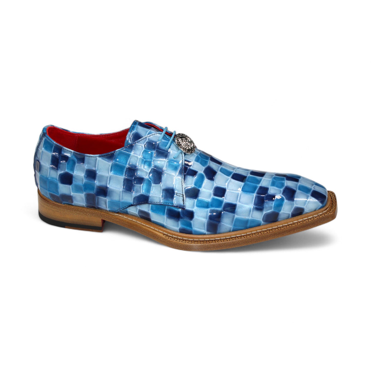 Emilio Franco Couture's "Santo" Blue Combo Shoes are crafted from exquisite Italian leather, featuring a blue and white checkered design with a decorative silver buckle and a stylish wooden sole.