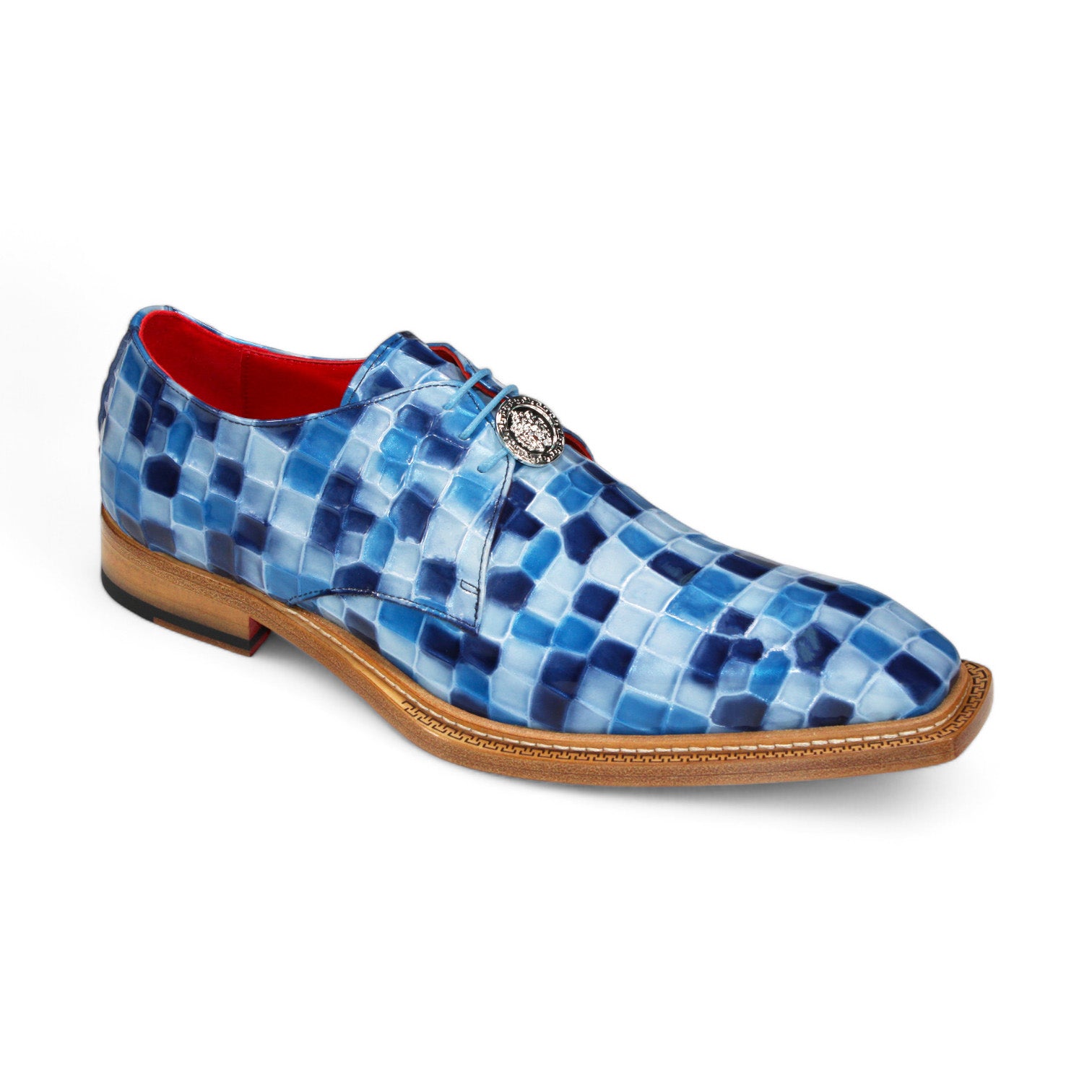 Emilio Franco Couture's "Santo" Blue Combo Shoes are crafted from exquisite Italian leather, featuring a blue and white checkered design with a decorative silver buckle and a stylish wooden sole.