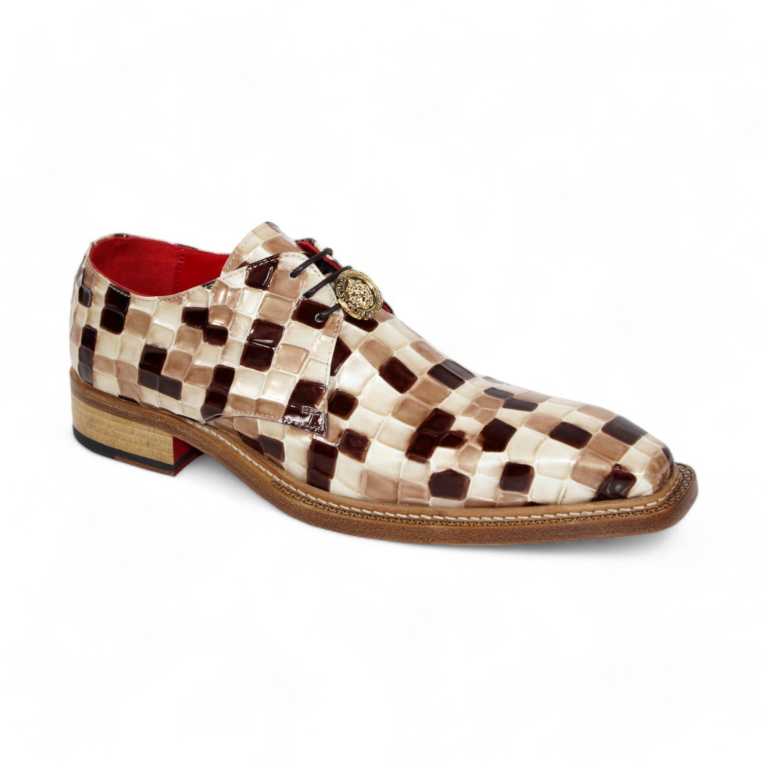 A pair of Emilio Franco Couture "Santo" shoes boasting a stylish brown combo checkered pattern and crafted from luxurious leather.