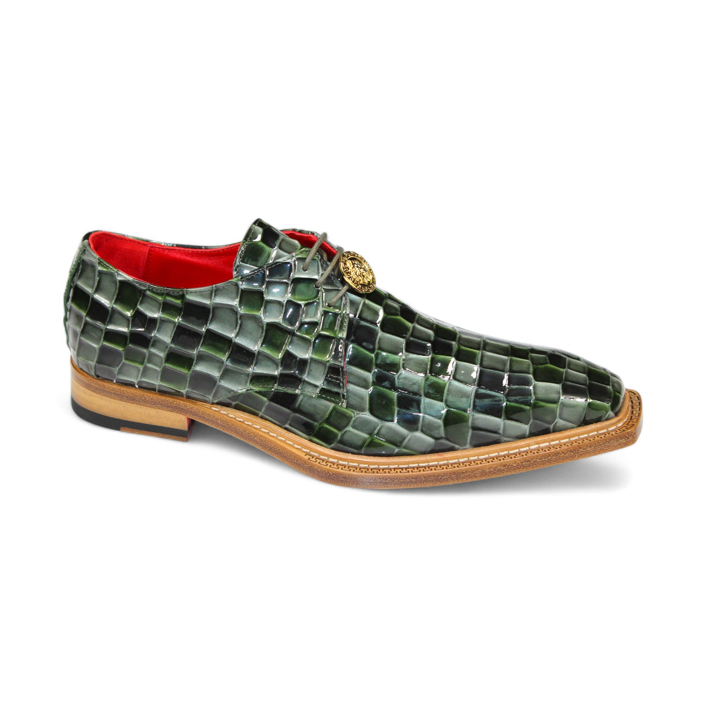 The Emilio Franco Couture "Santo" Green Combo Shoes are textured leather dress shoes with a wooden sole and red interior lining, featuring a decorative gold emblem on the laces, all crafted with Italian finesse by Emilio Franco Couture.