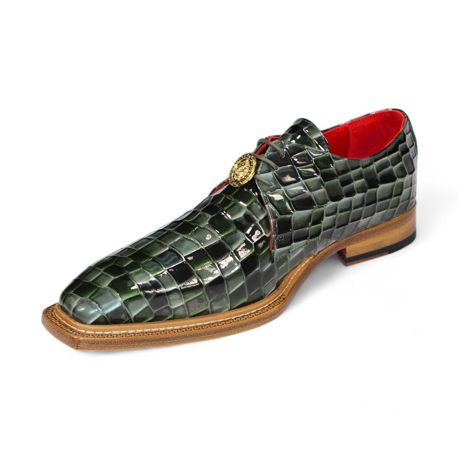 The Emilio Franco Couture "Santo" Green Combo Shoes are textured leather dress shoes with a wooden sole and red interior lining, featuring a decorative gold emblem on the laces, all crafted with Italian finesse by Emilio Franco Couture.