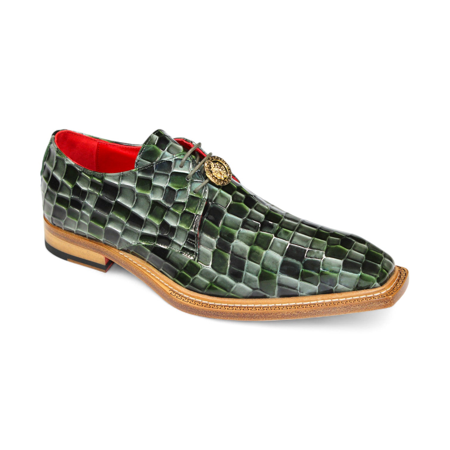 The Emilio Franco Couture "Santo" Green Combo Shoes are textured leather dress shoes with a wooden sole and red interior lining, featuring a decorative gold emblem on the laces, all crafted with Italian finesse by Emilio Franco Couture.