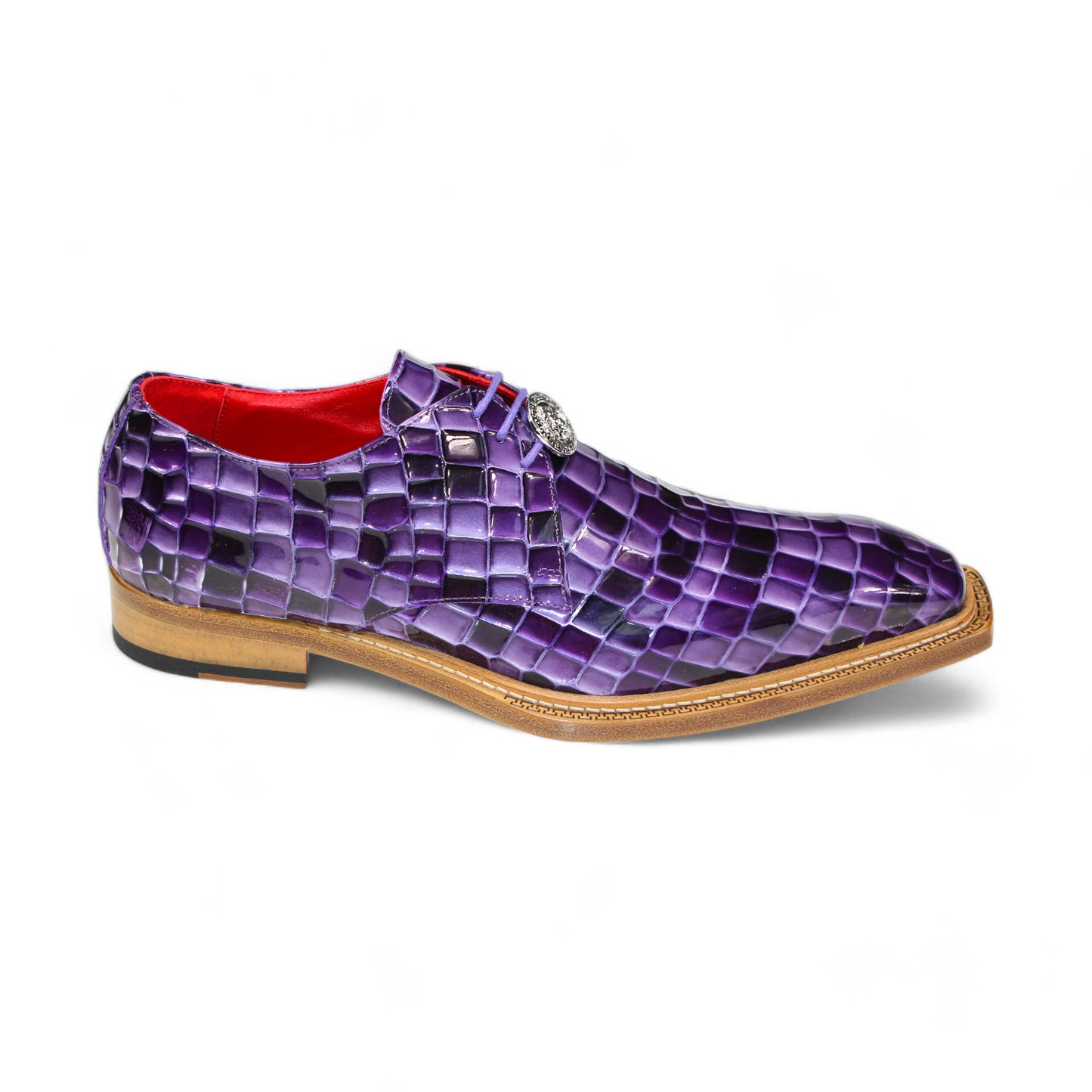 The Emilio Franco Couture "Santo" Purple Combo Shoes feature a purple patent croco leather exterior with a vibrant red interior, exemplifying Italian craftsmanship. They come with a wooden sole and are adorned with an elegant silver emblem.