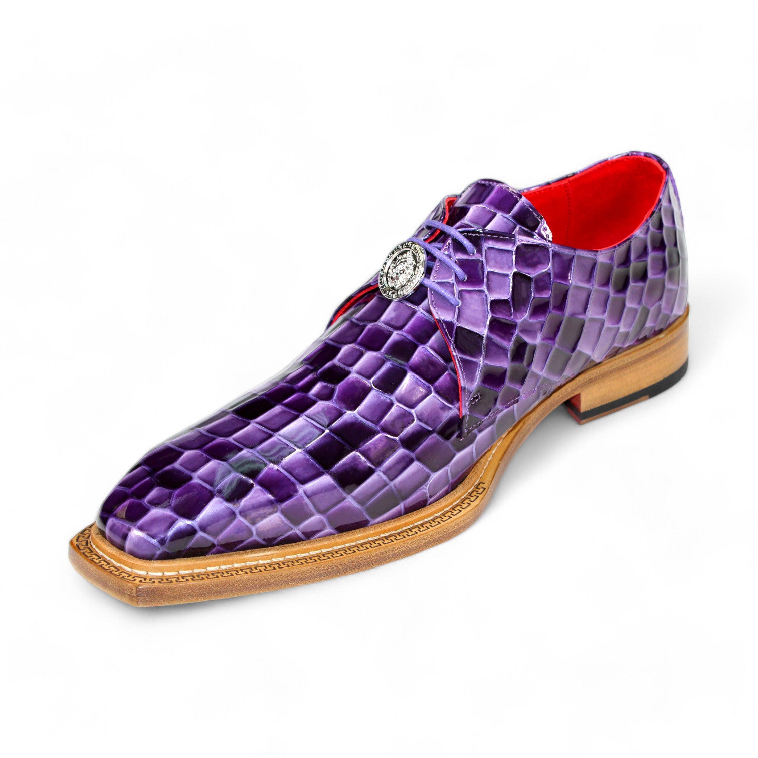 The Emilio Franco Couture "Santo" Purple Combo Shoes feature a purple patent croco leather exterior with a vibrant red interior, exemplifying Italian craftsmanship. They come with a wooden sole and are adorned with an elegant silver emblem.