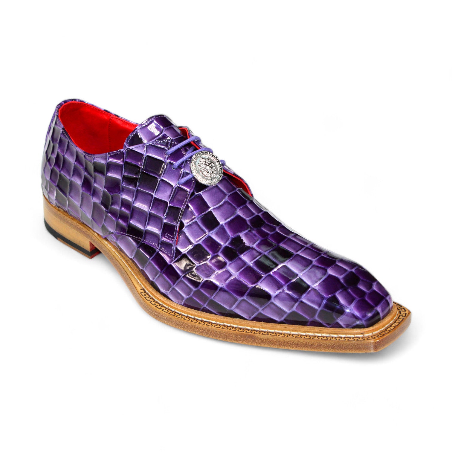 The Emilio Franco Couture "Santo" Purple Combo Shoes feature a purple patent croco leather exterior with a vibrant red interior, exemplifying Italian craftsmanship. They come with a wooden sole and are adorned with an elegant silver emblem.