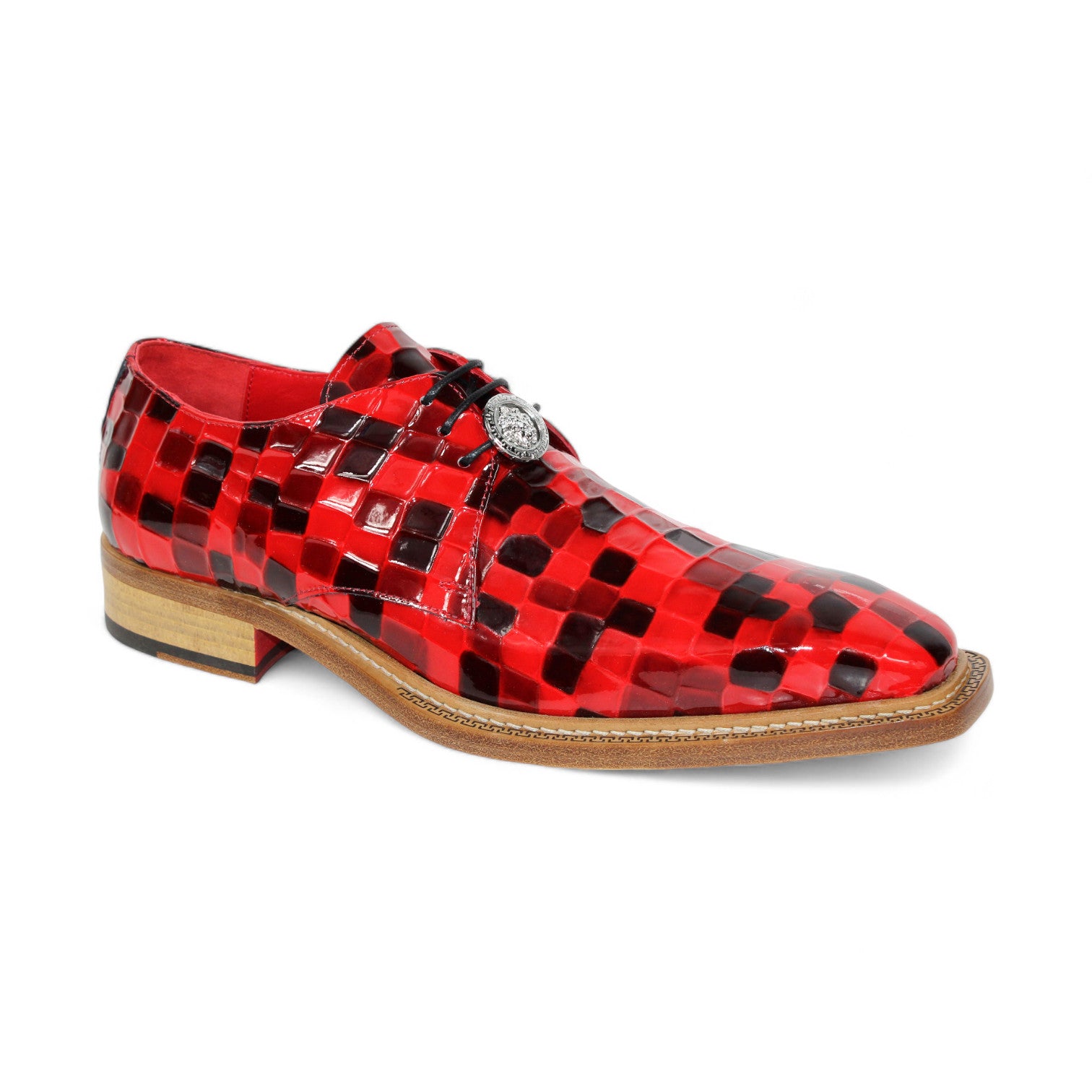 The Emilio Franco Couture "Santo" Red/Black Combo Shoes are a remarkable Italian creation, designed as men's dress shoes with a red and black checkered leather design. They feature a decorative emblem on the laces and a sleek wooden sole, ideal for making an impression at any formal gathering.