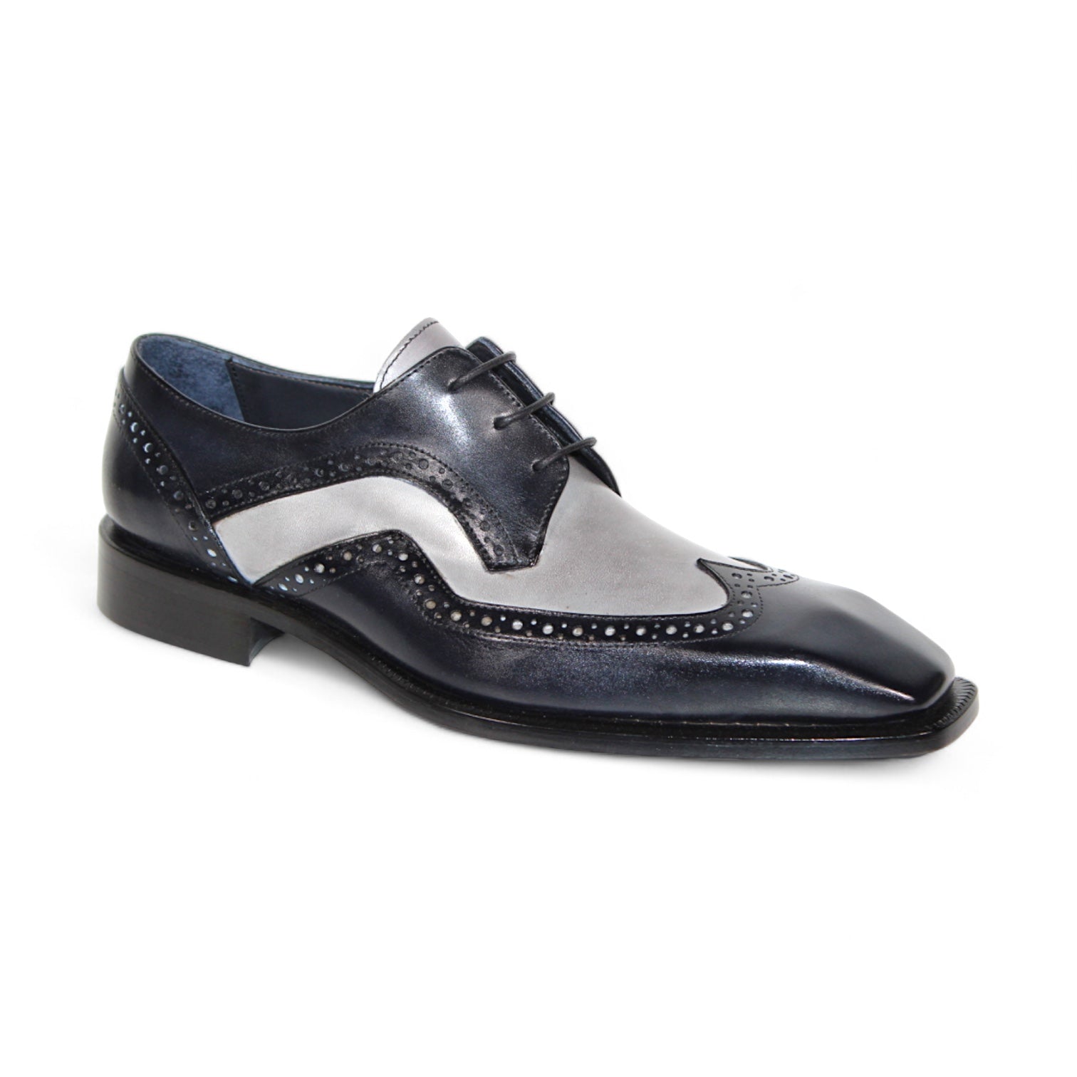 The Duca Di Matiste Saranno men's dress shoe, available in black and light grey, features premium leather construction with decorative perforations and a square toe, Made in Italy.