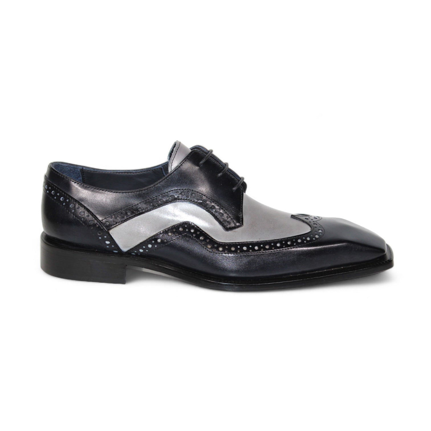 The Duca Di Matiste Saranno men's dress shoe, available in black and light grey, features premium leather construction with decorative perforations and a square toe, Made in Italy.