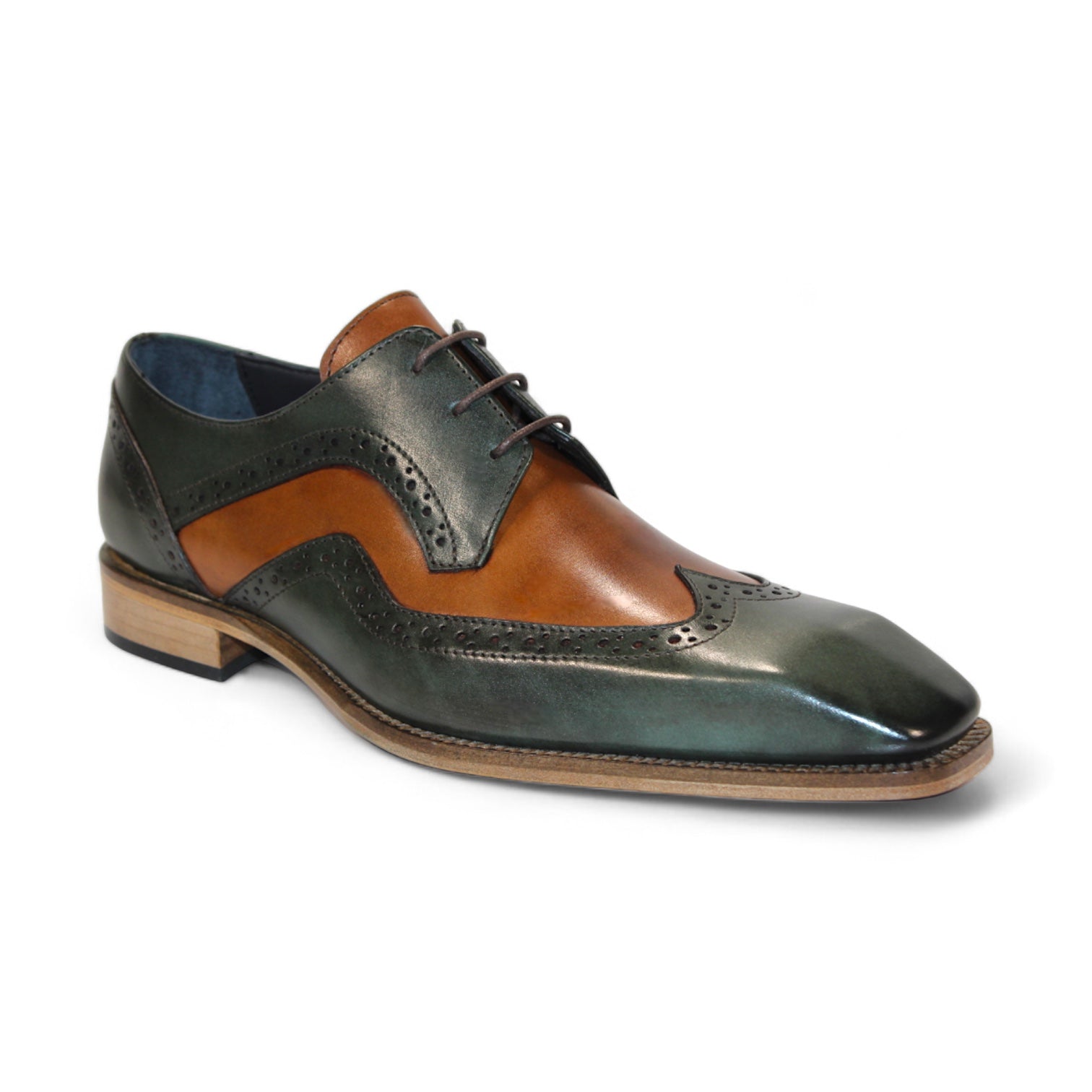 The Duca Di Matiste Saranno (Green/Cognac) is an exquisite two-tone Italian leather dress shoe from the Duca Di Matiste brand, showcasing brogue detailing with dark green and cognac panels, a wooden sole, and black laces.