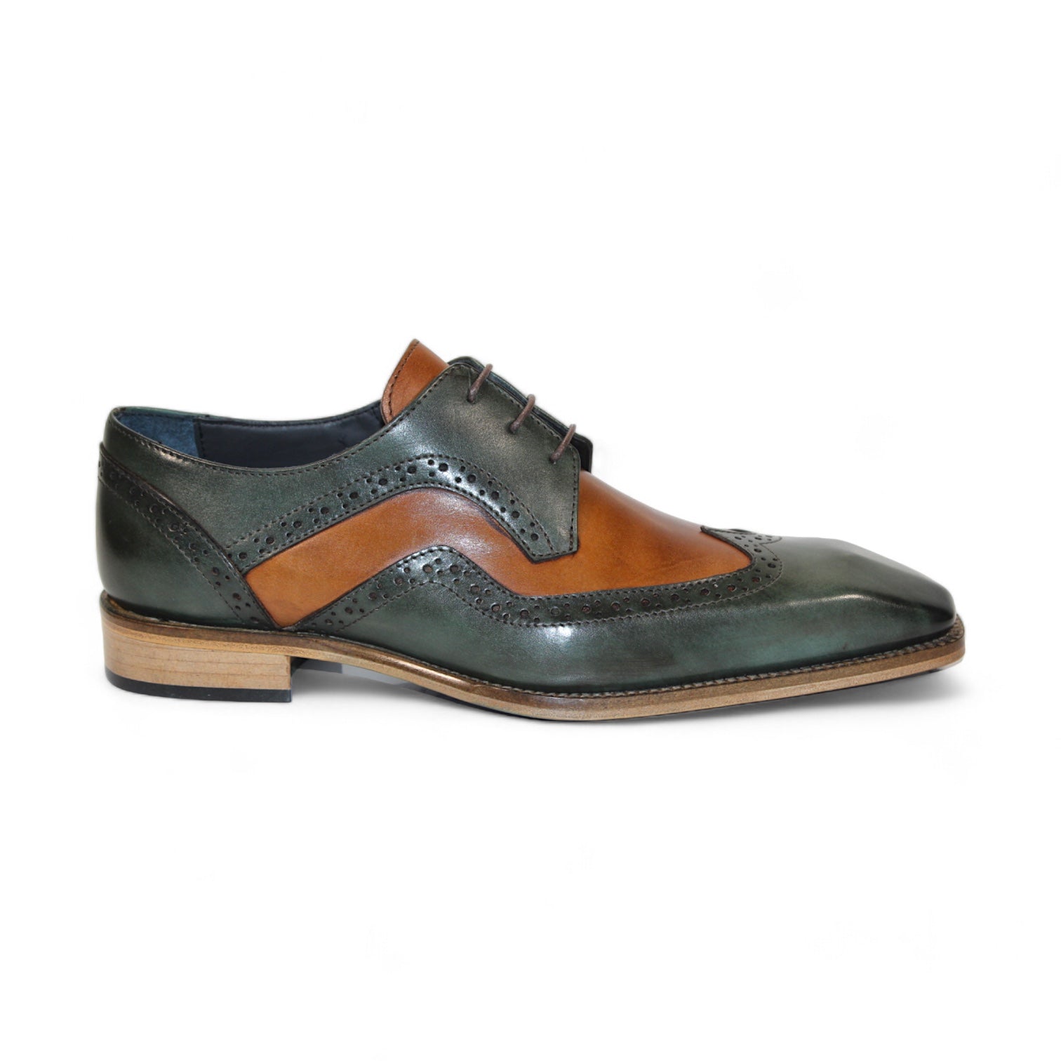 The Duca Di Matiste Saranno (Green/Cognac) is an exquisite two-tone Italian leather dress shoe from the Duca Di Matiste brand, showcasing brogue detailing with dark green and cognac panels, a wooden sole, and black laces.