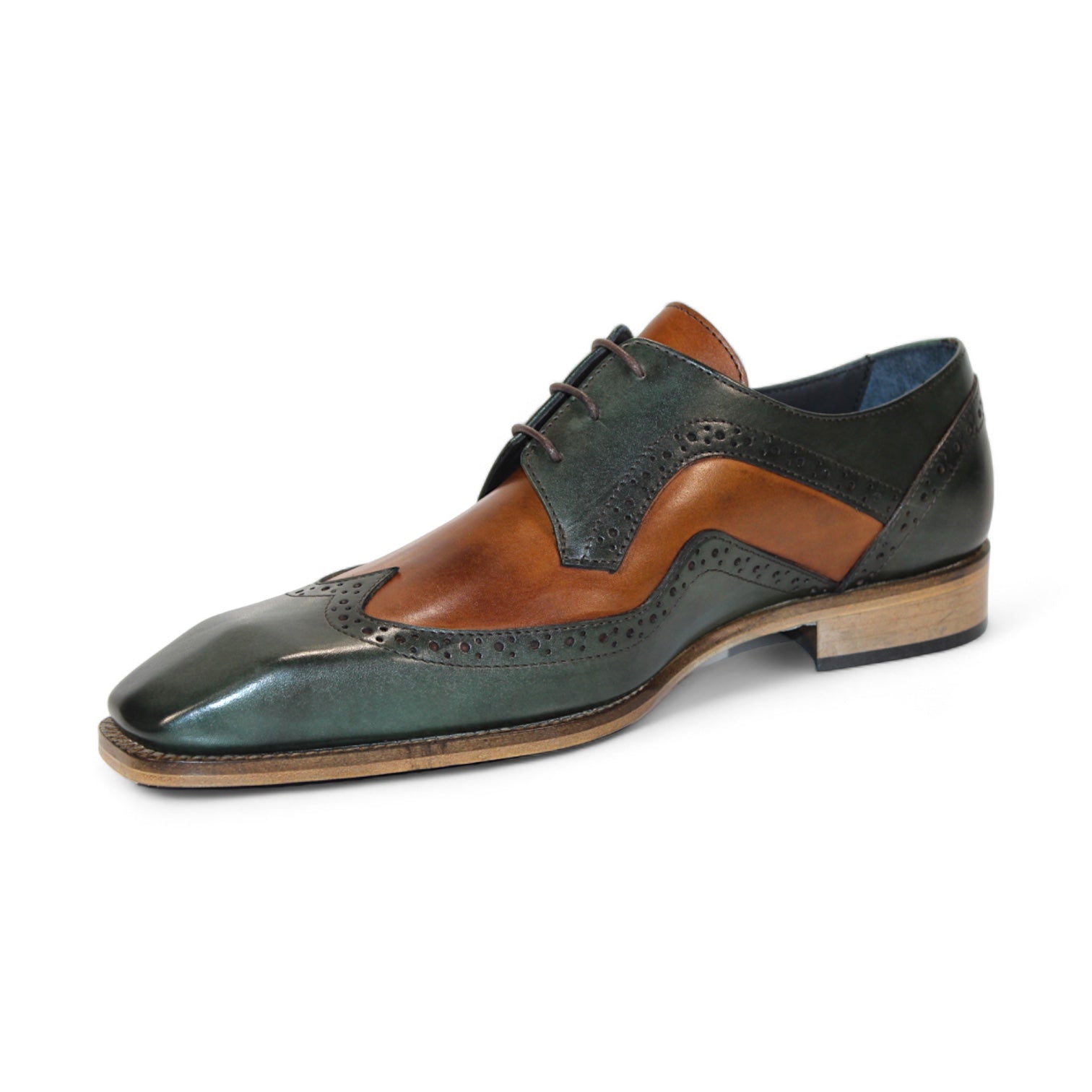 The Duca Di Matiste Saranno (Green/Cognac) is an exquisite two-tone Italian leather dress shoe from the Duca Di Matiste brand, showcasing brogue detailing with dark green and cognac panels, a wooden sole, and black laces.