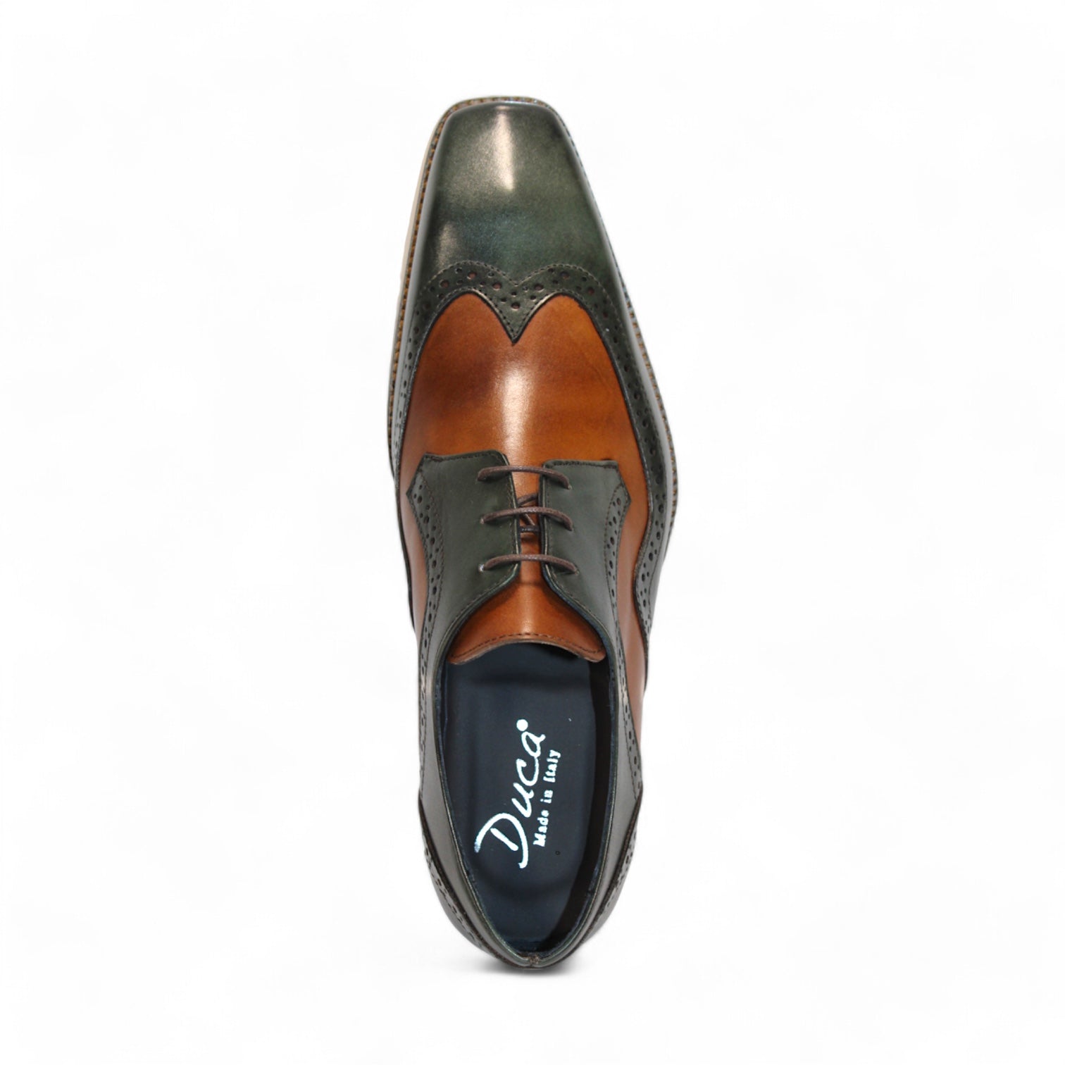 The Duca Di Matiste Saranno (Green/Cognac) is an exquisite two-tone Italian leather dress shoe from the Duca Di Matiste brand, showcasing brogue detailing with dark green and cognac panels, a wooden sole, and black laces.