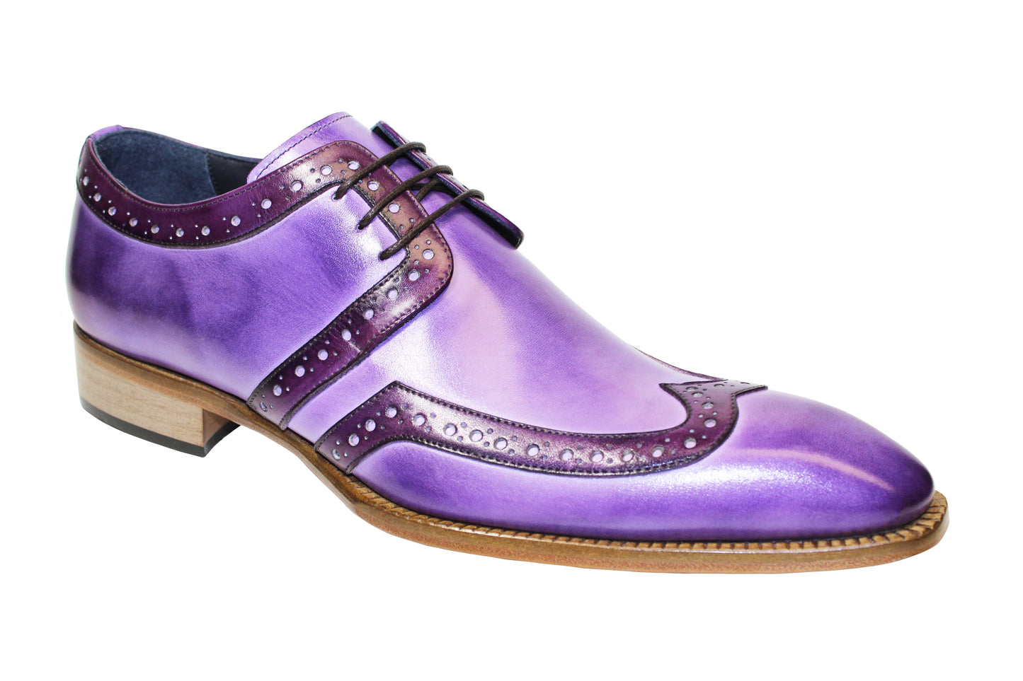 Introducing the Duca Di Matiste Savona, a sophisticated leather dress shoe crafted in Italy, showcasing vibrant lavender with intricate perforations and striking darker purple accents.