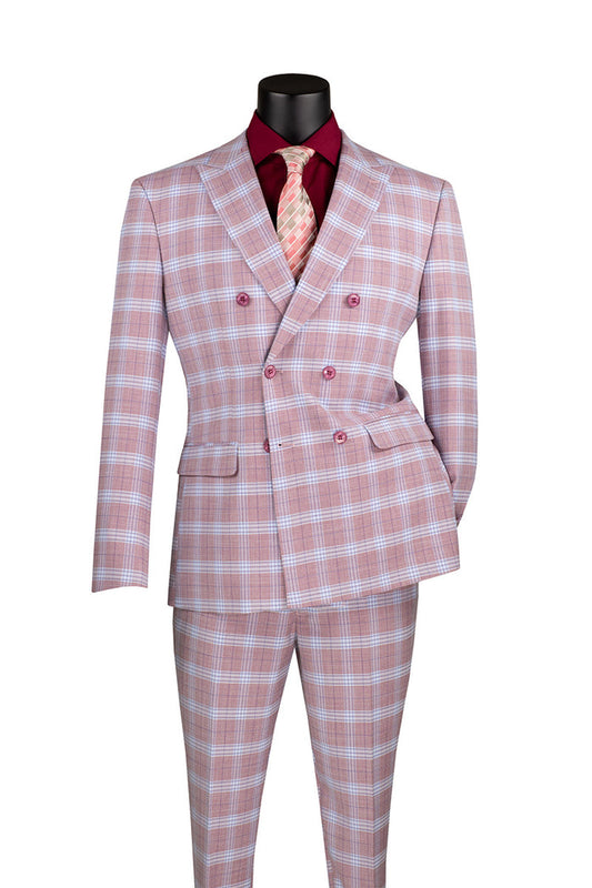 The Vinci Slim Fit 2 Piece Double Breasted Windowpane Suit in Adobe Rose from Vinci Suits elegantly drapes the black mannequin. The ensemble is completed with a striking red shirt and a classic striped tie, showcasing timeless style with a modern twist.