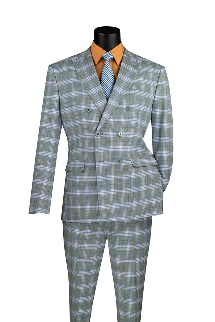 A mannequin elegantly displays the Vinci Slim Fit 2 Piece Double Breasted Windowpane Suit Sea Grass SDW-2 by Vinci Suits, featuring a blue tie and an orange shirt, set against a white background.