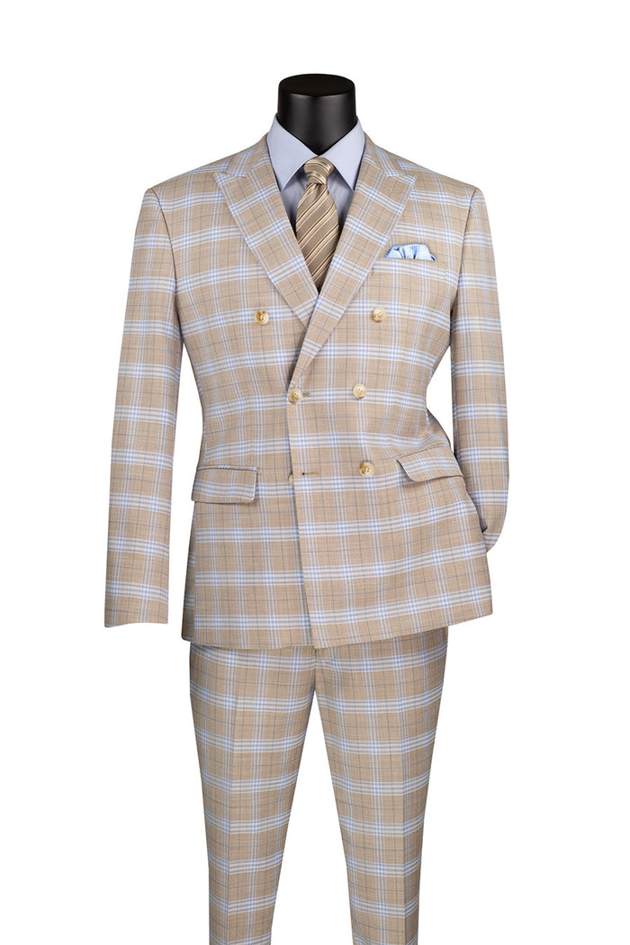 A mannequin is dressed in the Vinci Slim Fit 2 Piece Double Breasted Windowpane Suit Tan SDW-2 by Vinci Suits, featuring a beige and blue plaid design crafted from a poly/rayon blend, paired with a light blue shirt, a patterned tie, and pocket square.