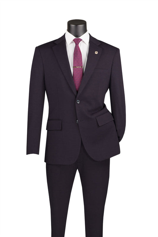 A sleek mannequin showcases the Vinci Suits Slim Fit 2 Piece Suit in charcoal, complemented by a white shirt and a red tie.