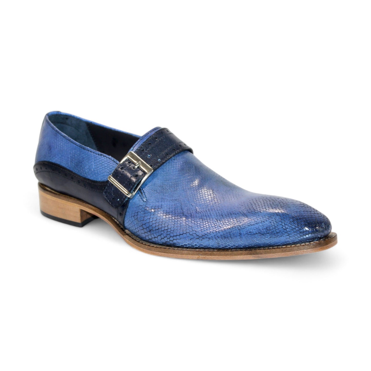 Duca Di Matiste's Sezze dress shoe in Powder Blue/Navy boasts a textured surface with embossed snake leather, complemented by a decorative strap and buckle. Crafted in Italy for a luxury finish.