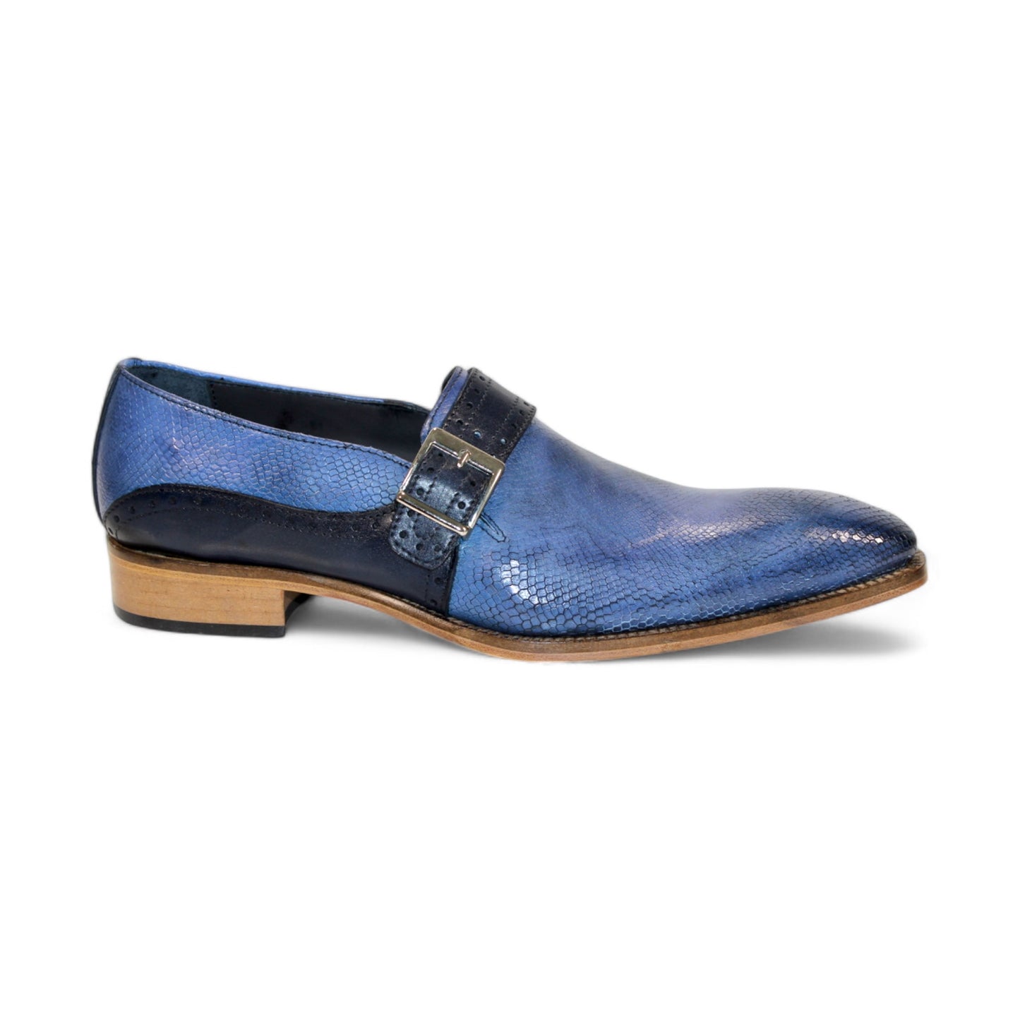 Duca Di Matiste's Sezze dress shoe in Powder Blue/Navy boasts a textured surface with embossed snake leather, complemented by a decorative strap and buckle. Crafted in Italy for a luxury finish.