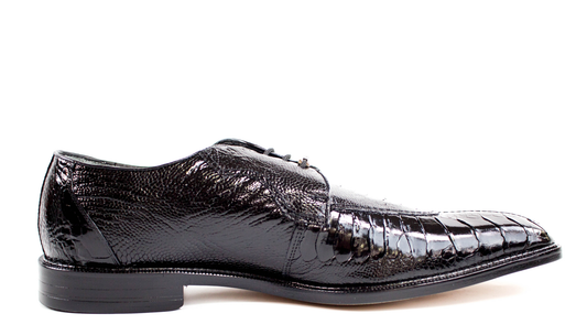 Side view of the Belvedere - Siena, a luxurious black genuine ostrich leg dress shoe with a sleek leather sole and glossy appearance.