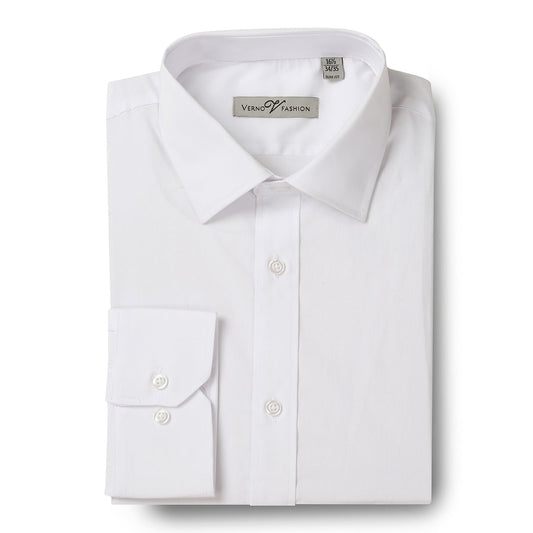 White slim fit long sleeve stretch dress shirt featuring a spread collar and buttoned cuffs, labeled "Renoir." Product Name: VERNO TCS01-SL.