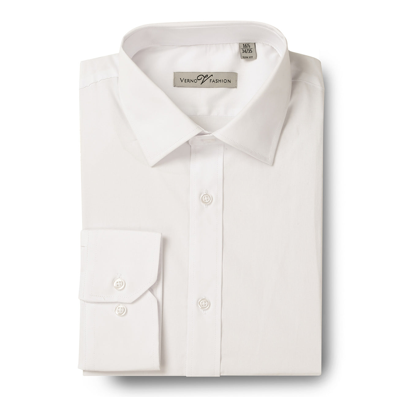 The VERNO Ivory Slim Fit Long Sleeve Stretch Dress Shirt TCS02-SL by Renoir features a spread collar, button cuffs, and is neatly folded with its label placed inside the collar.