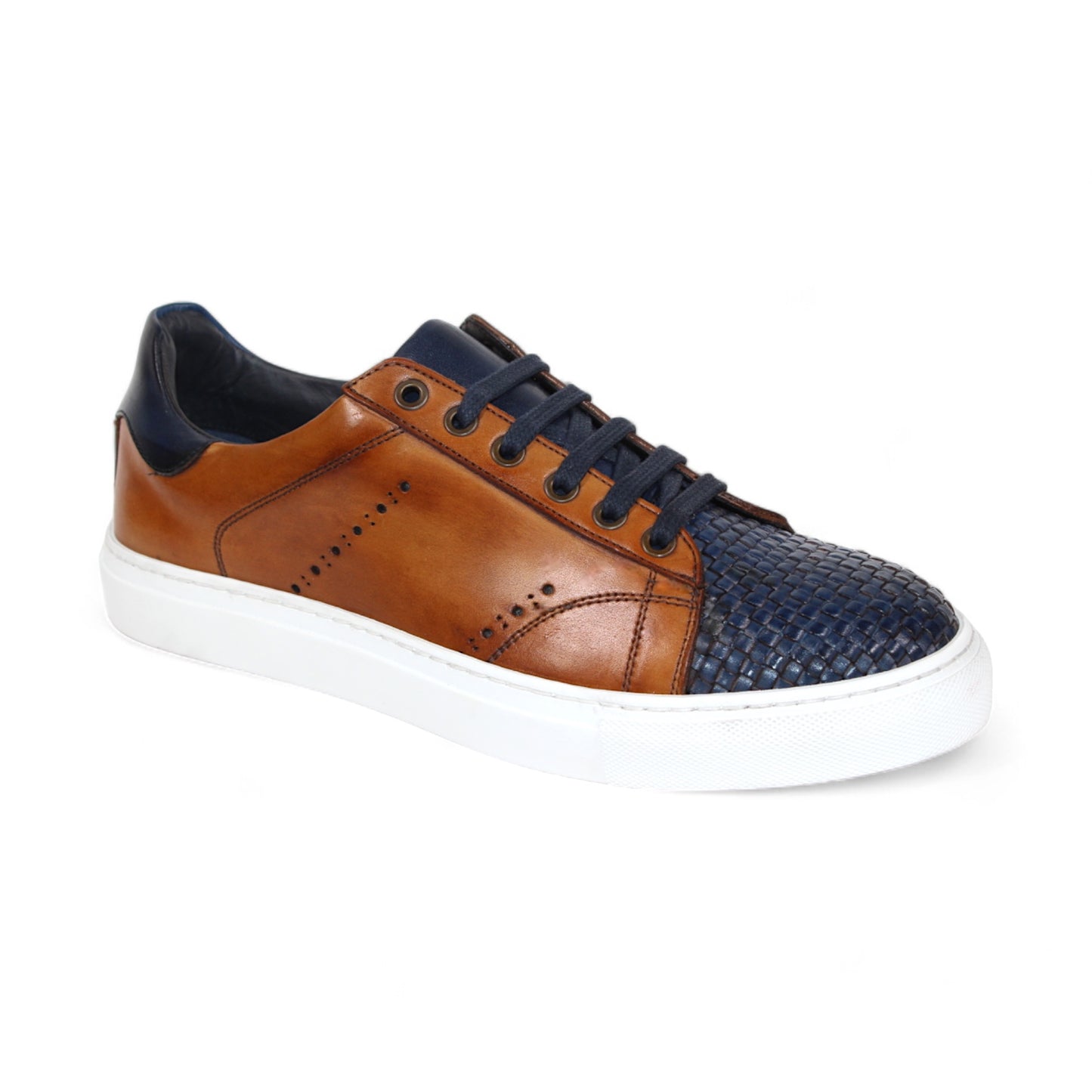 The Duca Di Matiste Sorrento (Navy/Cognac) sneaker boasts embossed snake leather accents, perforated details, and a woven toe, all showcased on a brown and navy leather design. It features a sleek white rubber sole and is crafted in Italy by Duca Di Matiste for unparalleled quality.