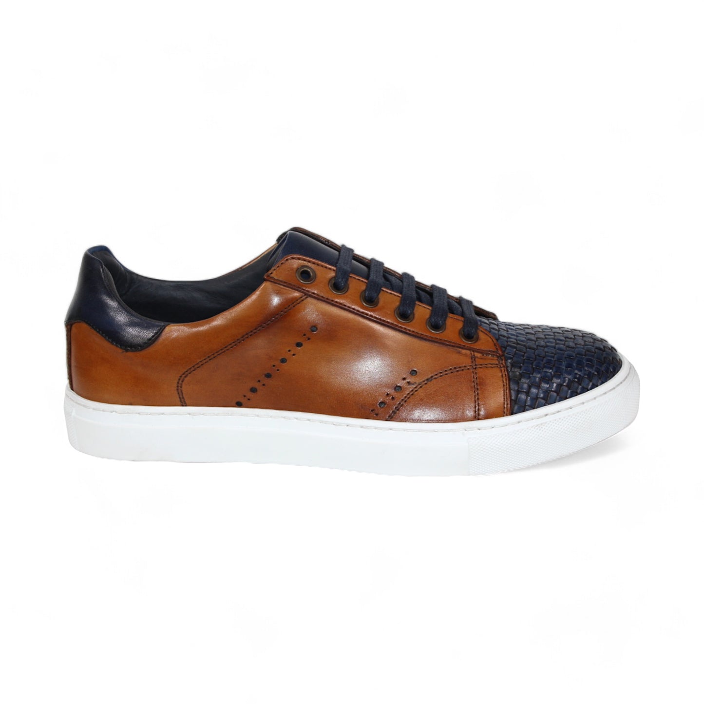 The Duca Di Matiste Sorrento (Navy/Cognac) sneaker boasts embossed snake leather accents, perforated details, and a woven toe, all showcased on a brown and navy leather design. It features a sleek white rubber sole and is crafted in Italy by Duca Di Matiste for unparalleled quality.