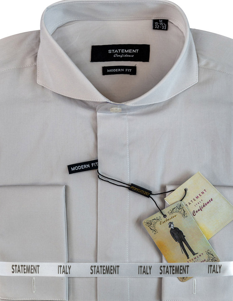 White modern fit cotton dress shirt with a spread collar, French cuffs, and tags, labeled "Statement Clothing | Cotton Spread Collar Dress Shirt SP-100-GRAY.