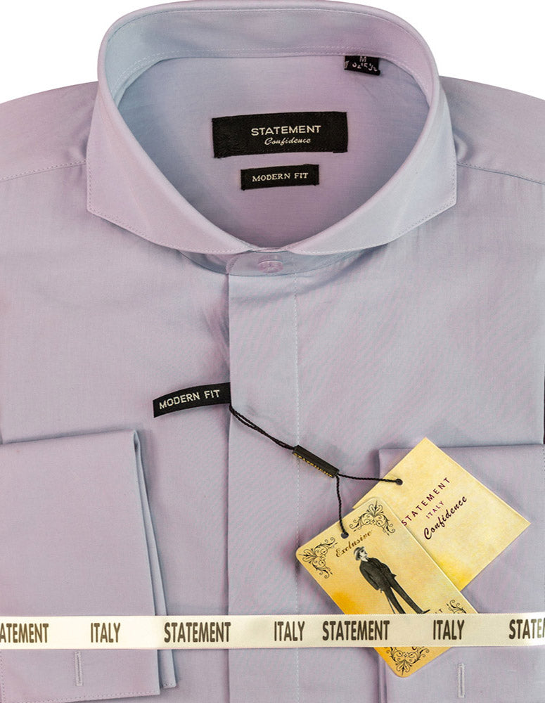 A folded lavender dress shirt called the "Cotton Spread Collar Dress Shirt SP-100-Lavender" by Statement Clothing showcases a spread collar with tags prominently displaying "Statement Confidence" and "Italy.