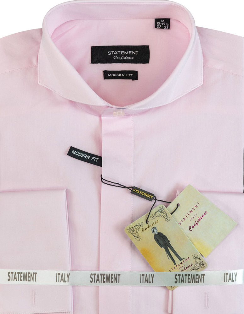 A folded pink cotton dress shirt from Statement Clothing, labeled "Cotton Spread Collar Dress Shirt SP-100-PINK," features elegant French cuffs and comes with tags indicating a modern fit, made in Italy.